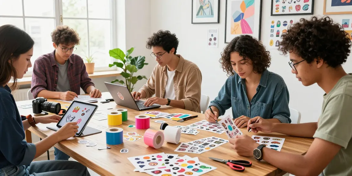 Creating custom stickers in a vibrant workspace with collaborative design elements and colorful materials.