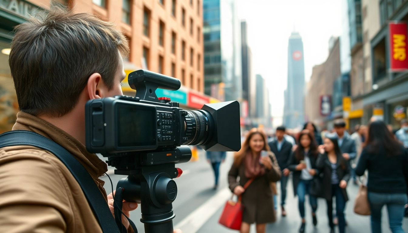 Videographer showcasing Commercial videography in an urban setting with vibrant activity.