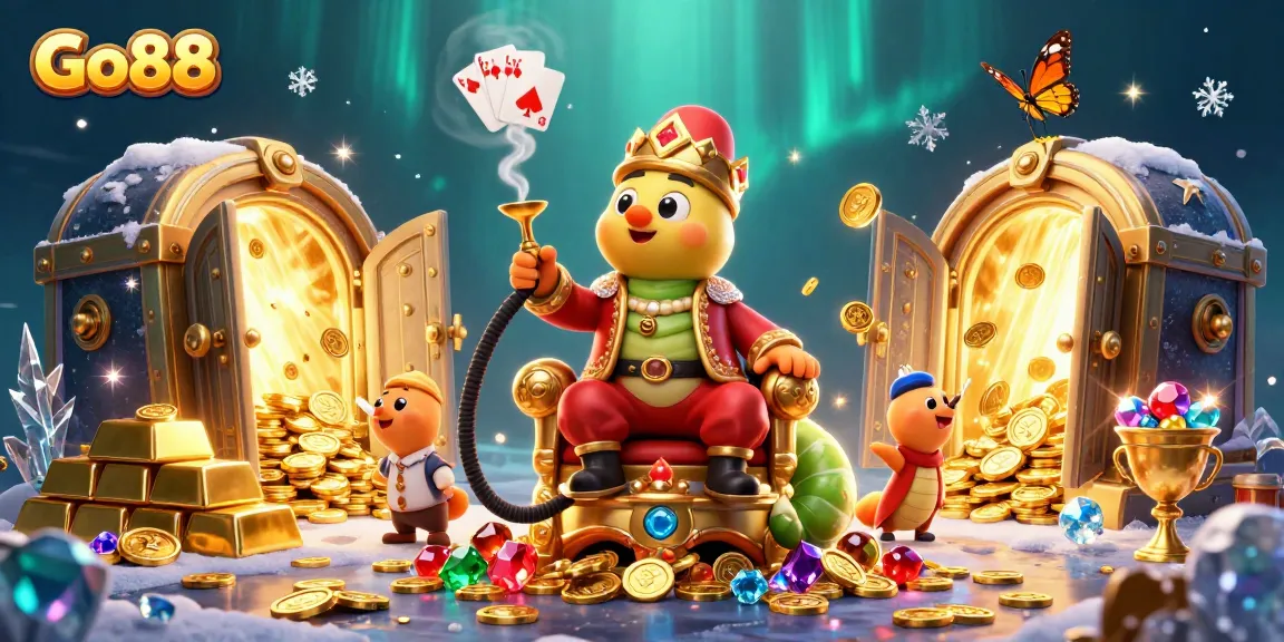 Experience the thrill of Go88 with a vibrant casino scene featuring poker hands and treasures.