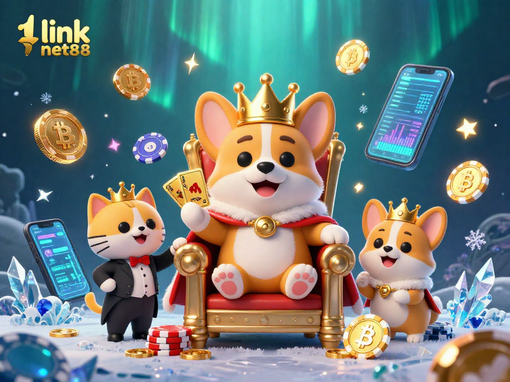 Engage with link net88's vibrant 3D casino scene showcasing a royal corgi on poker chips.