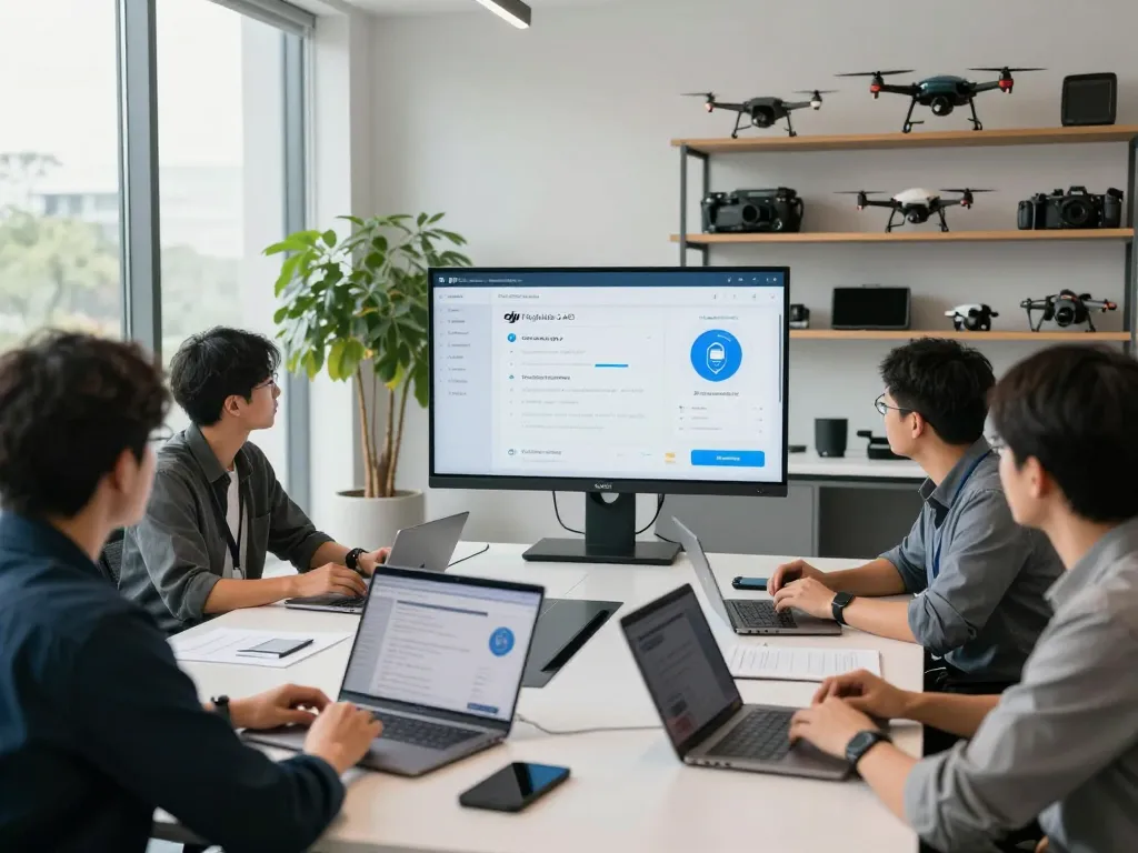 DJI FlightHub on premises AIO showcased in a collaborative tech workspace with professionals discussing drone management solutions.
