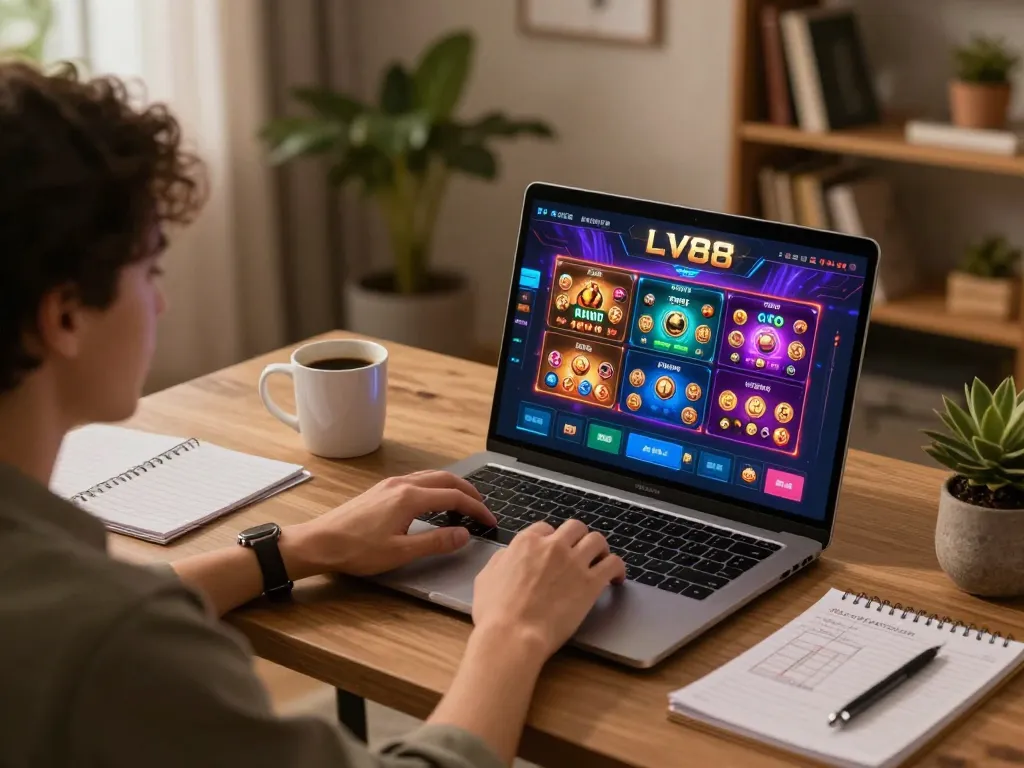 Engaging in lv88 game online with laptop in a cozy home setting, showcasing vibrant gaming interface
