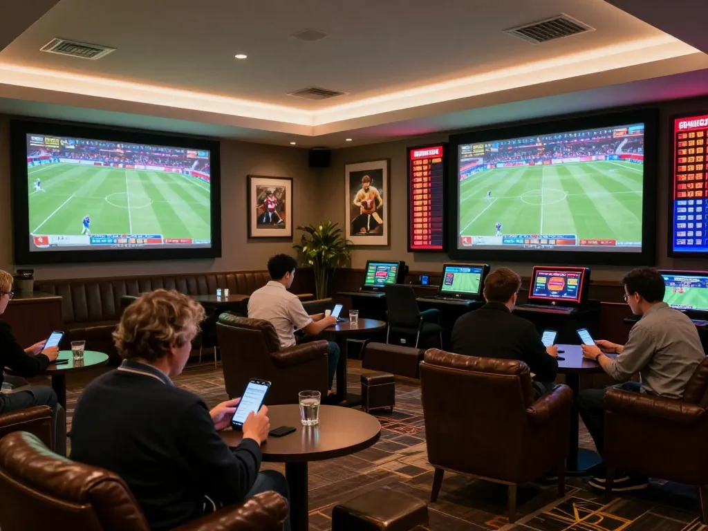 Experience tỷ lệ kèo nhà cái 5 with friends placing bets in a luxurious sports betting lounge.