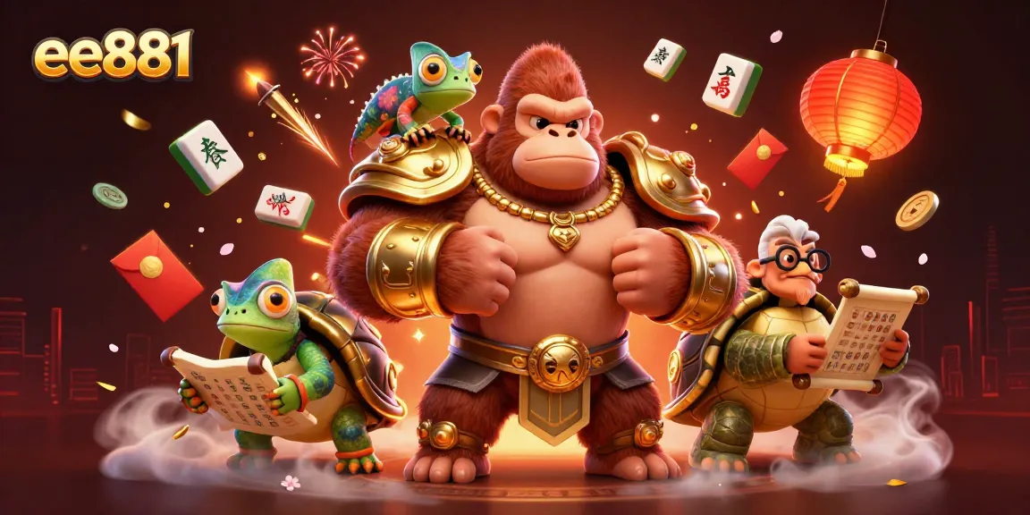 Engage with ee881 and explore vibrant 3D casino elements featuring a gorilla king and colorful chameleon in a dynamic scene.