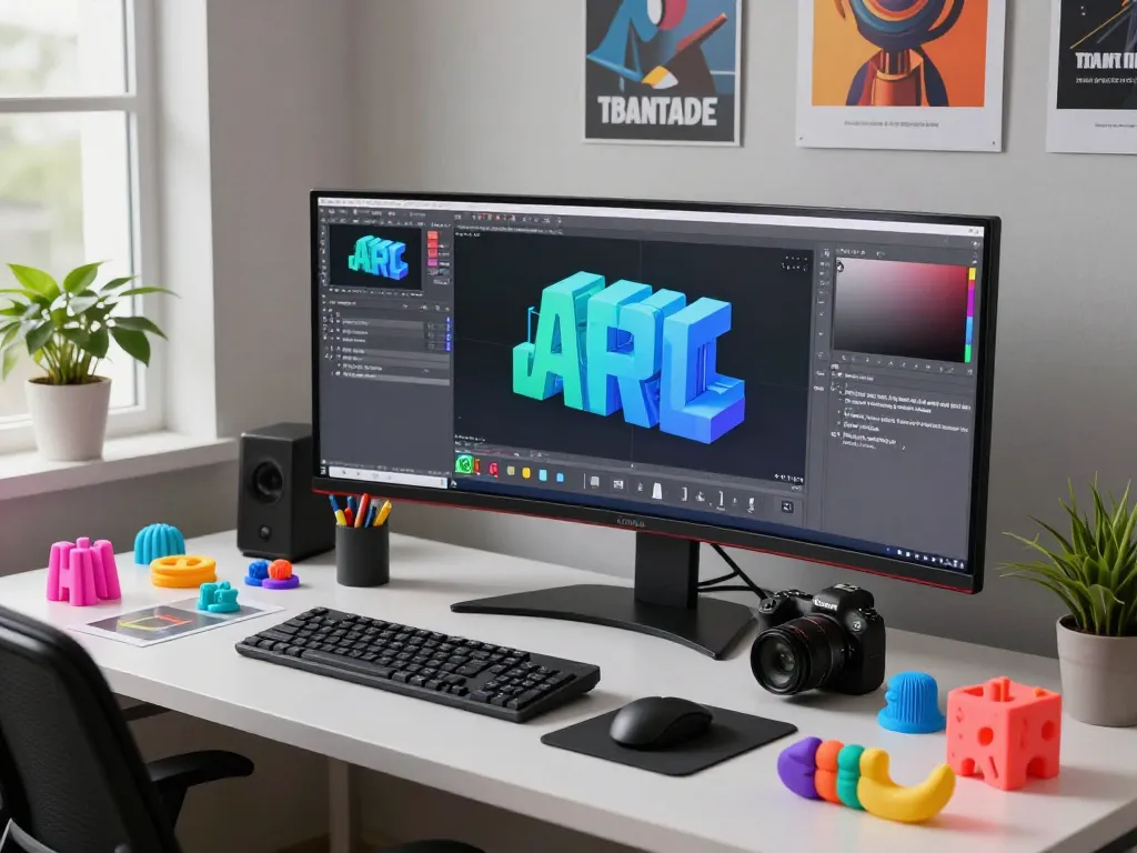 Designer using 3D software for Text to 3D model creation in a vibrant workspace.