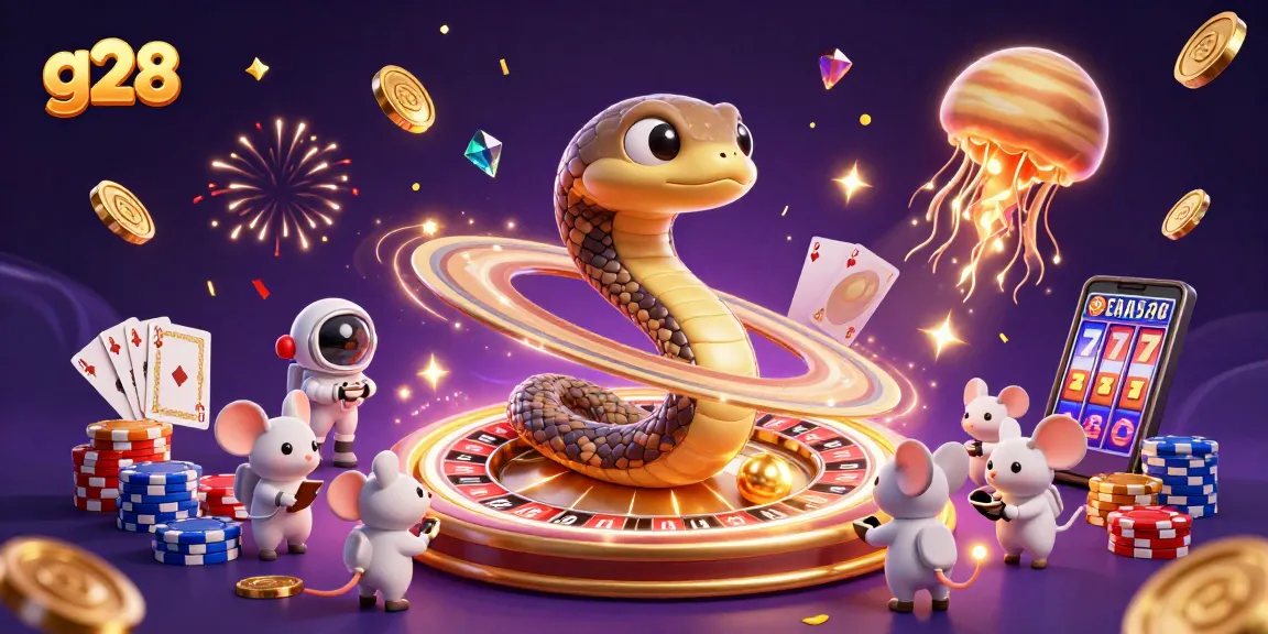 Bet on thrilling games with g28, featuring a cosmic casino scene with vibrant characters.