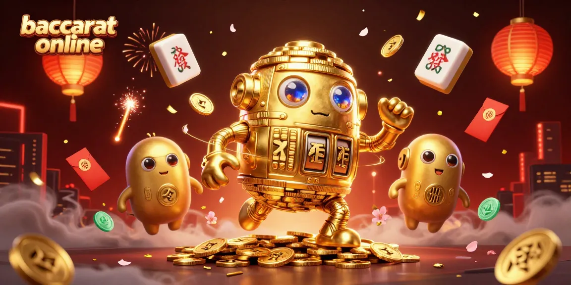 Experience baccarat online with a golden golem and festive casino elements in this immersive illustration.