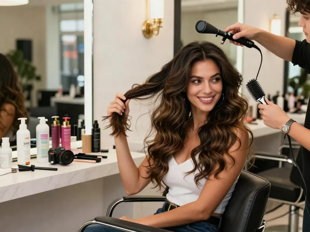 Fashionable woman applying genius clip in hair extensions human hair in stylish setting