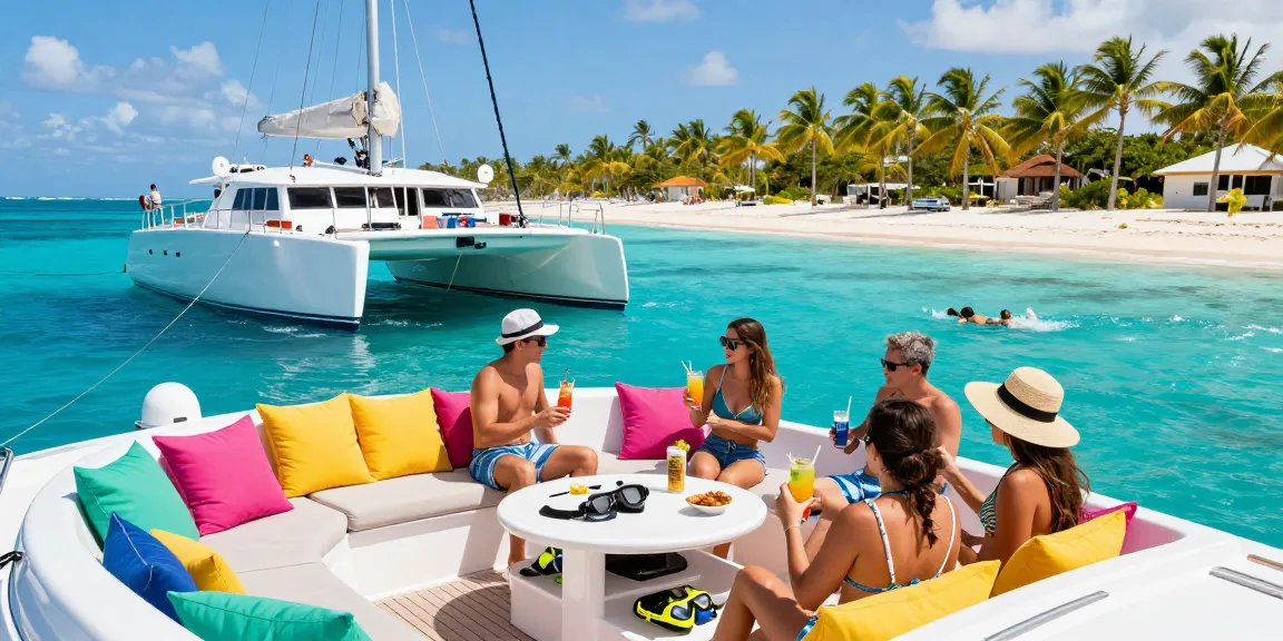 Experience the luxury of Punta Cana yacht rental with a private catamaran anchored near Saona Island, showcasing joy and tropical beauty.