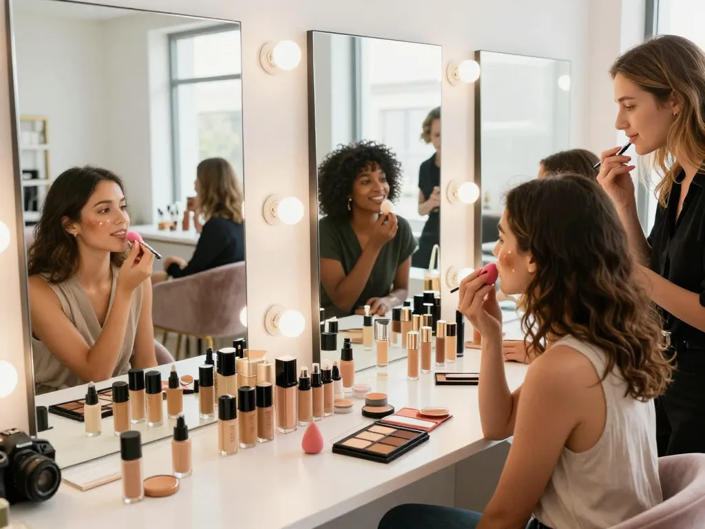 Testing the best foundation for oily skin in a vibrant makeup studio with diverse women applying and comparing products.