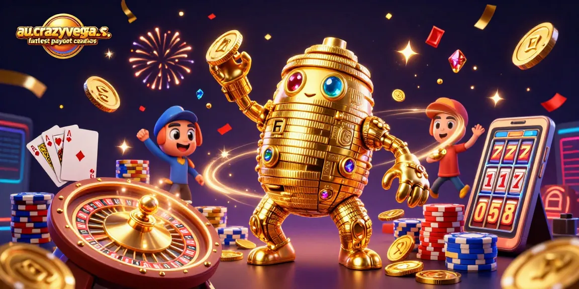 Experience the excitement of au.crazyvegas.com fastest payout casinos with an animated 3D golden golem and vibrant casino elements.
