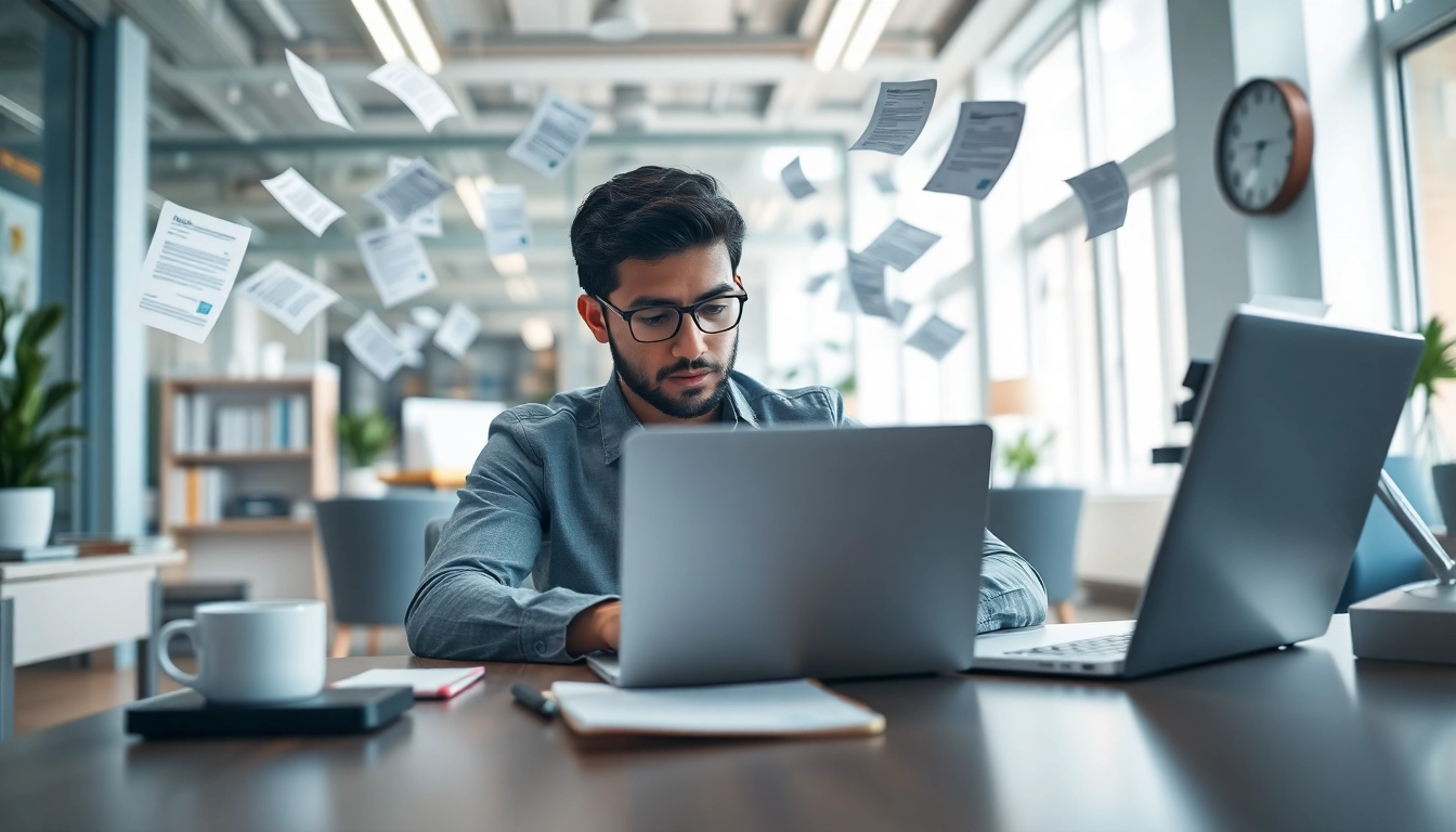 Typing Center professional typing efficiently in a modern office setting with digital documents.