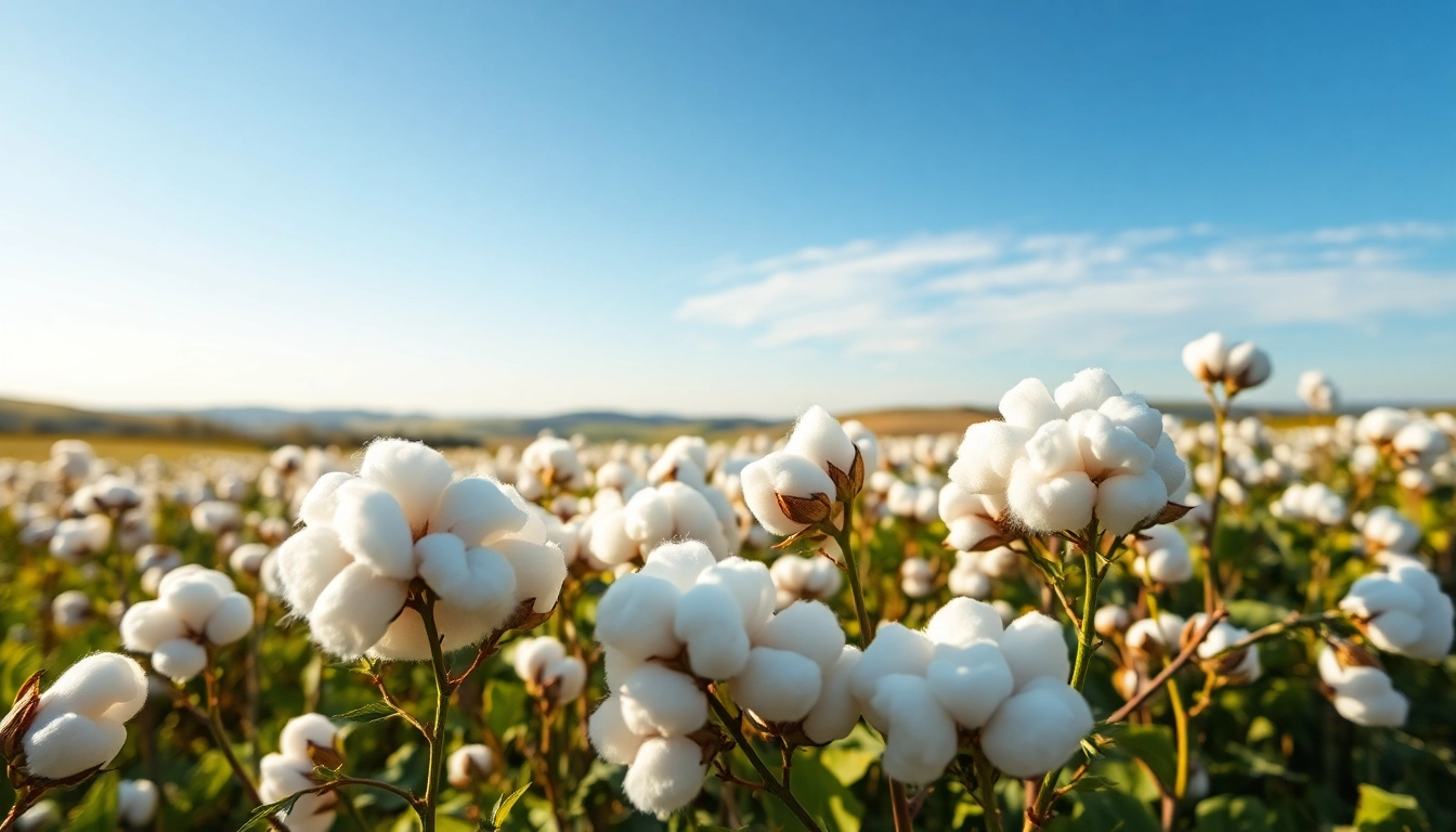 Katoenvezels in de natuur met bloeiende katoenplanten in een zonovergoten veld.