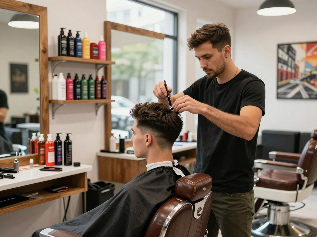 A dynamic barber styling a client's hair at ROKOK88, showcasing modern techniques and vibrant products.