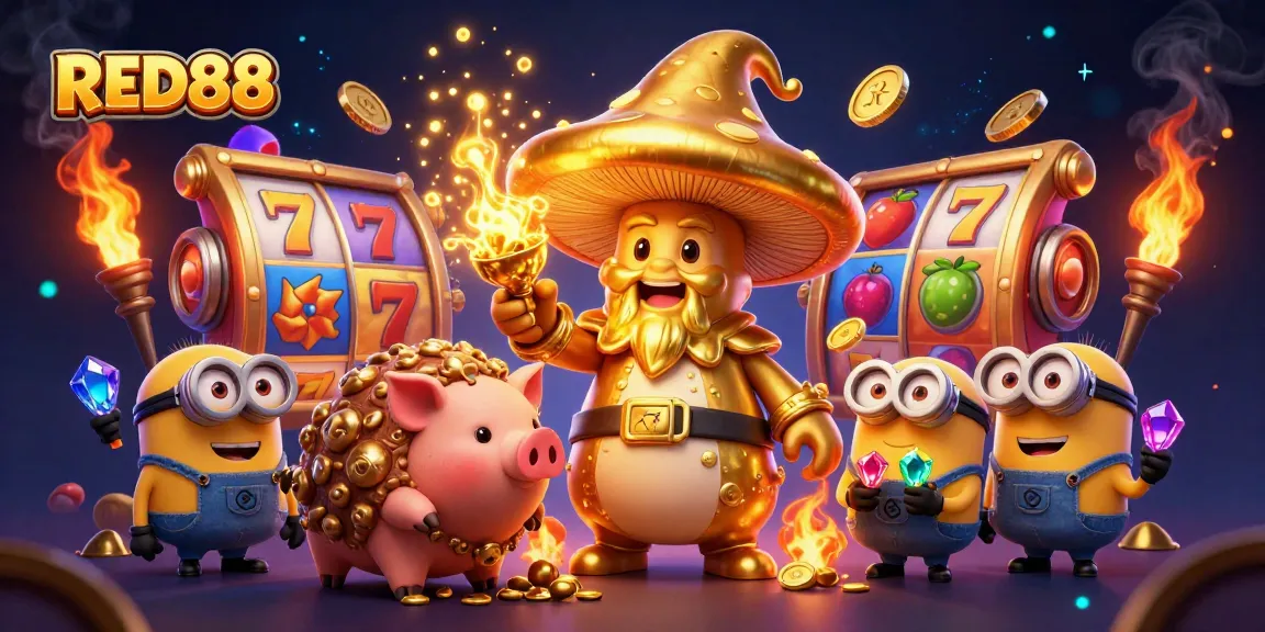 Engage with RED88’s dynamic casino experience featuring a magical mushroom wizard and treasure elements.