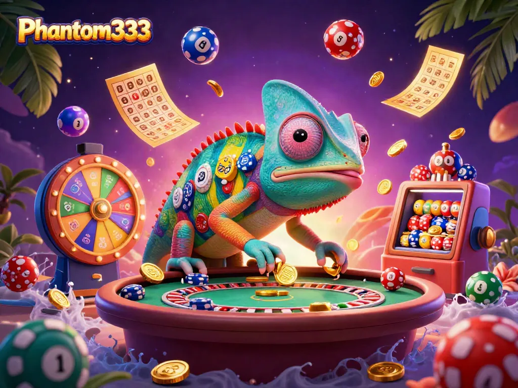 Play exciting games at Phantom333 with a vibrant casino scene, dynamic lottery elements in action.