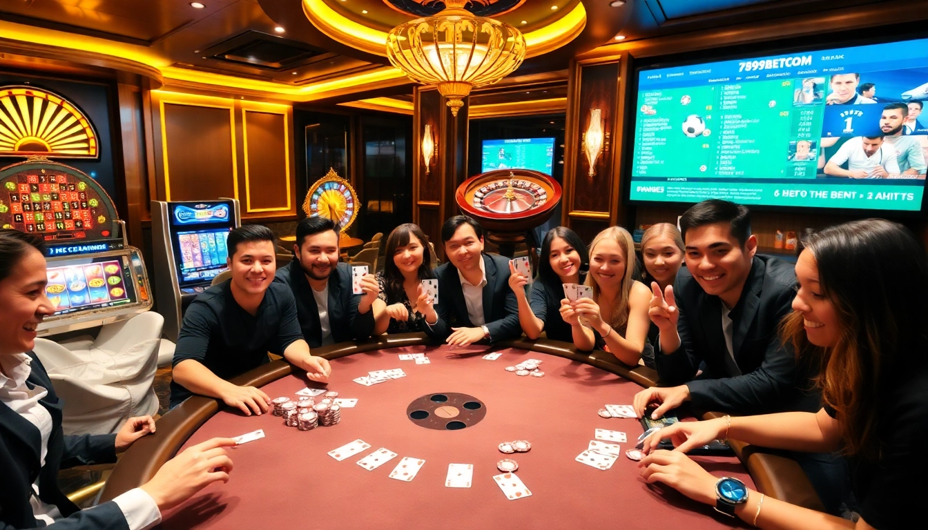 Exciting poker players at the 789betcom casino table, showcasing thrilling gambling action and strategy.