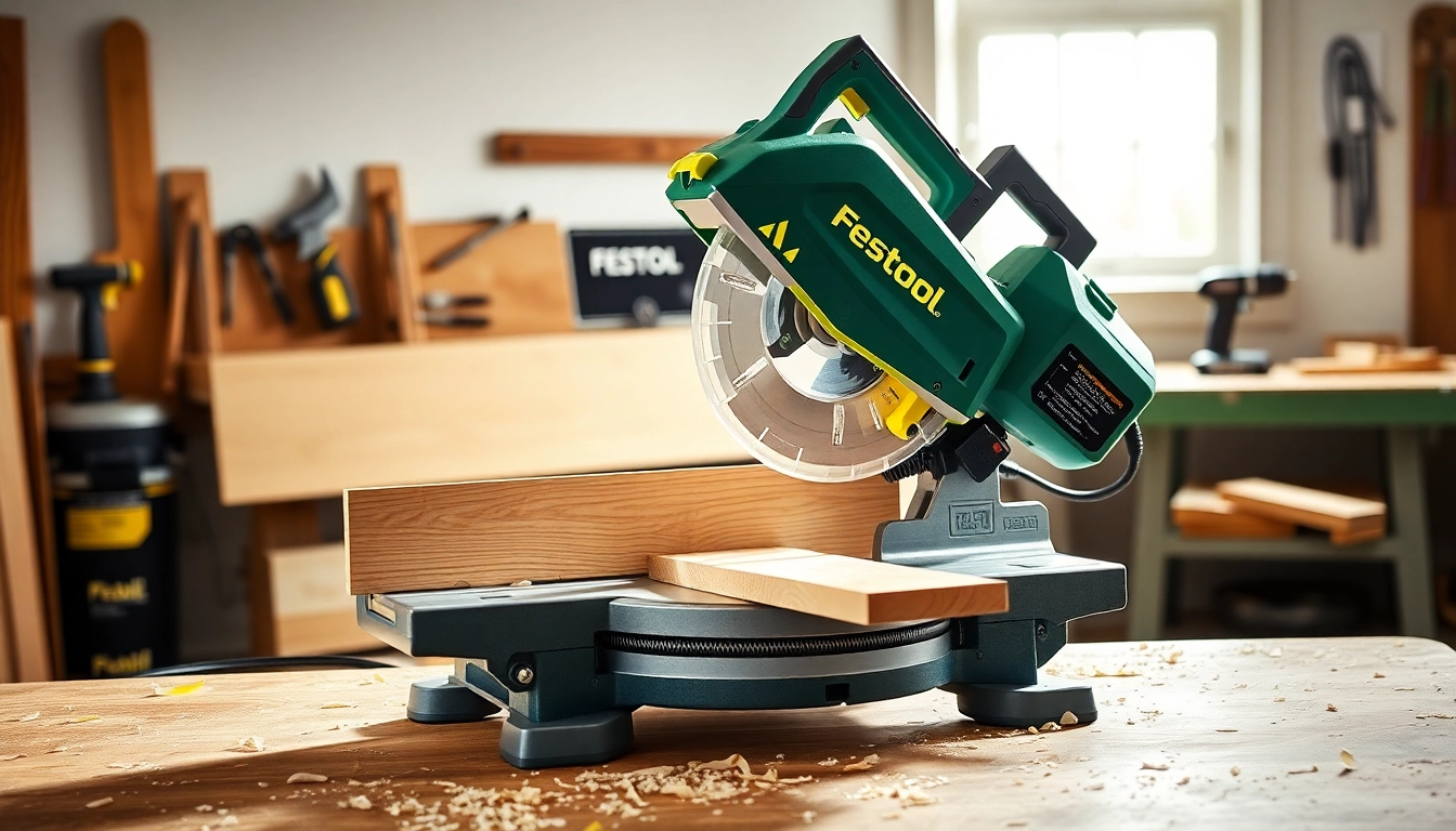 The festool miter saw precisely cutting through wood, showcasing its impressive design and efficiency.