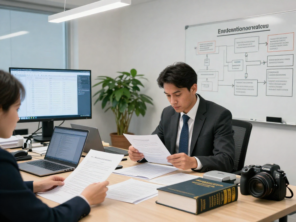 Compliance officer investigating document fraud detection in a modern office setting.