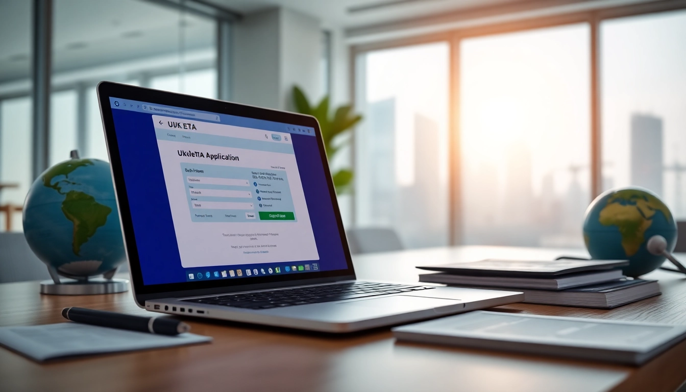 The UK ETA online application interface displayed on a laptop amidst travel-themed props.