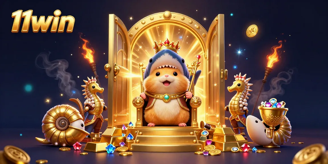 Experience the thrill at 11win with a vibrant digital illustration of gaming royalty and treasures.