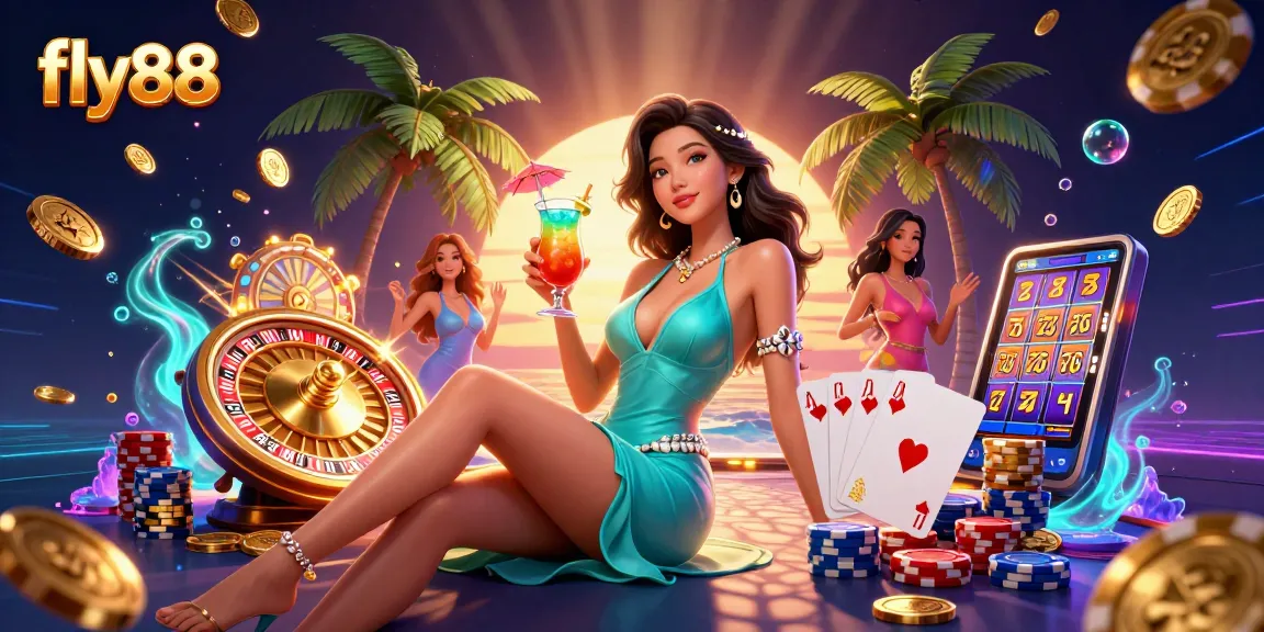 Experience thrilling gaming action with fly88 at a vibrant beach casino scene.