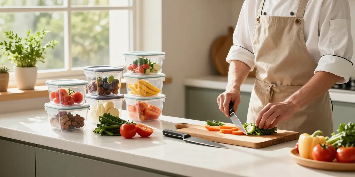 Colorful food storage containers strategically placed in a bright kitchen, perfect for meal prep.