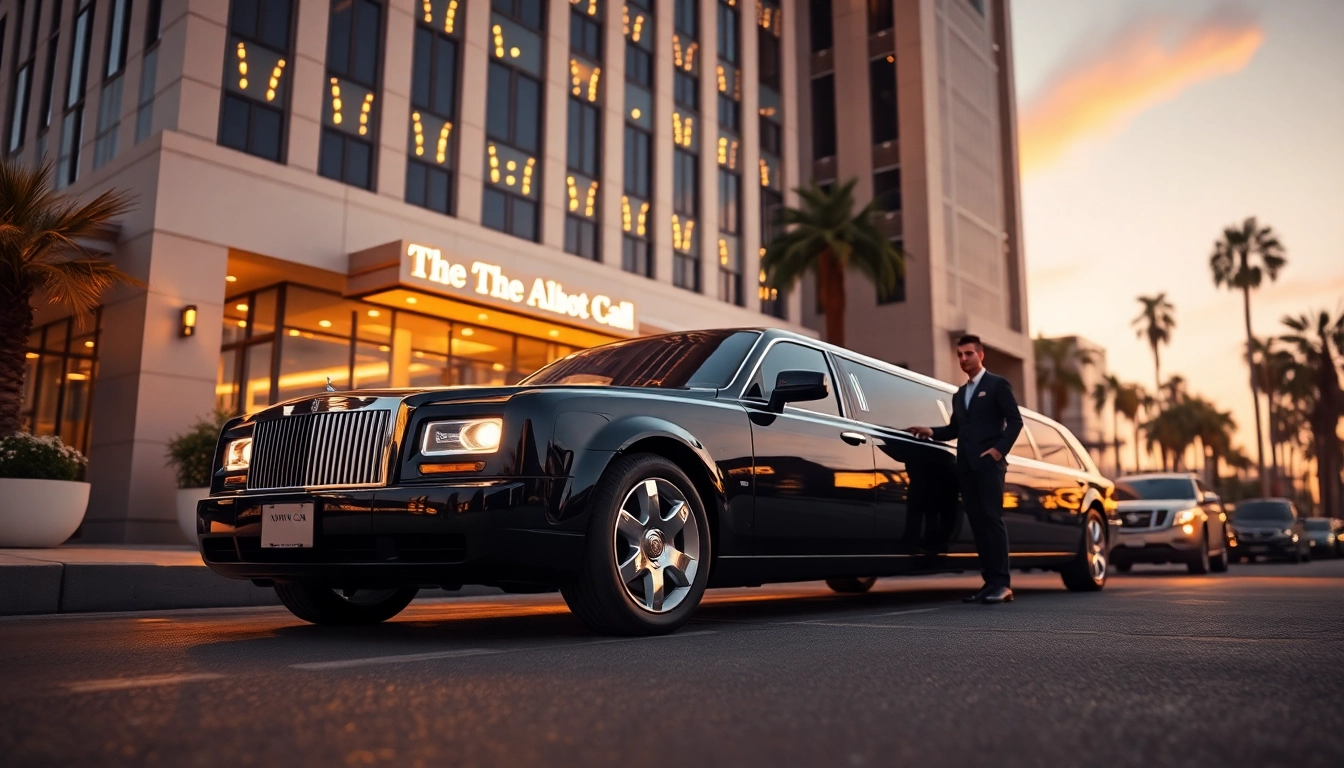 Hollywood Town Car and Limousine in front of a luxury hotel in Los Angeles, showcasing elegance and professionalism.