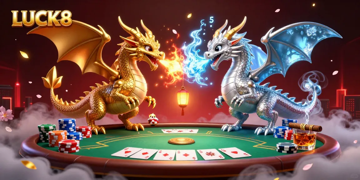 LUCK8 showcases twin dragons in a dynamic casino scene featuring poker elements and vibrant graphics.