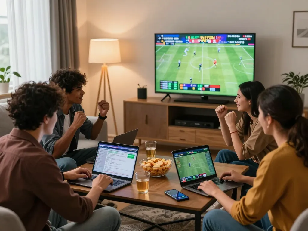 Friends engaging in SBOBET sports betting in a cozy living room environment.