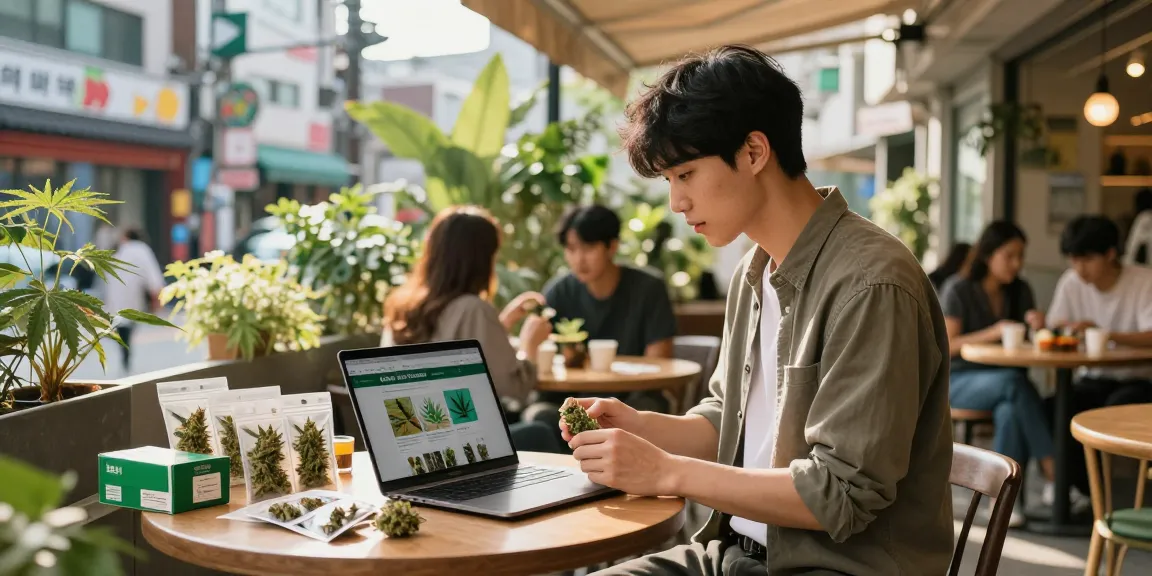 Cannabis Korea: Young adult exploring cannabis products online in a vibrant café