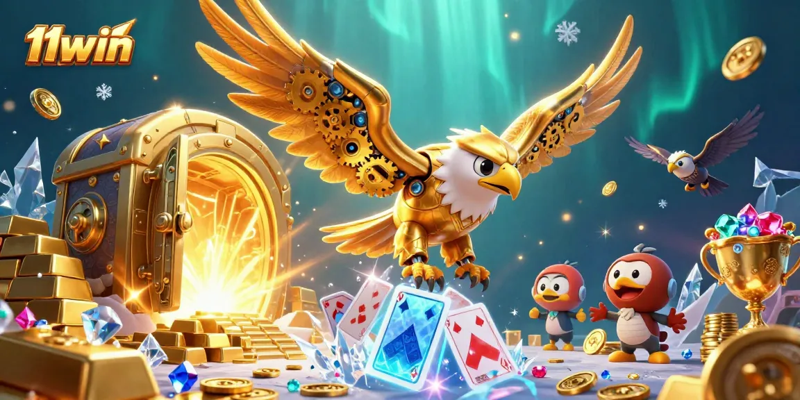 Engage with 11WIN as a cybernetic eagle soars through a holographic casino landscape.