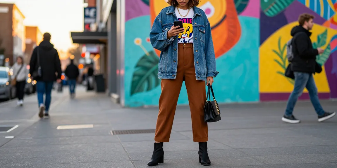Urban street fashion featuring a stylish individual in trendy outfit, showcasing modern fashion vibes in vibrant city setting.