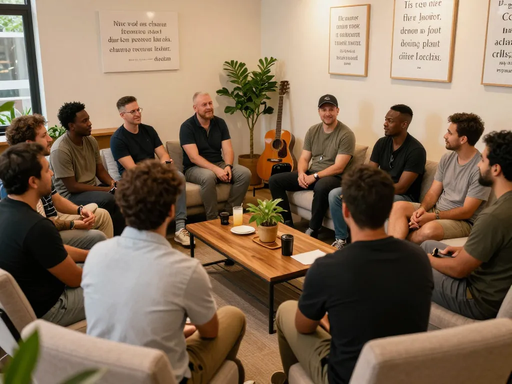 Men sharing experiences in a supportive manclub gathering.