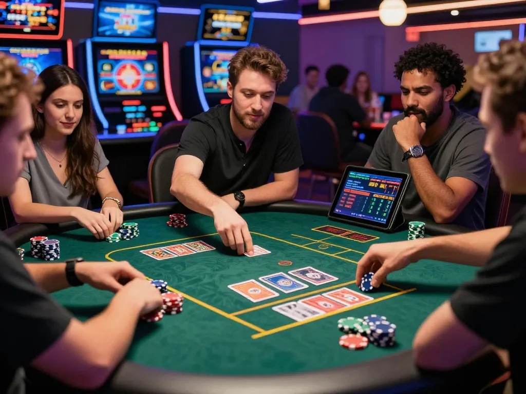 Online casino players enjoying exciting games at 789club gaming table with vibrant lighting and interactive screens.
