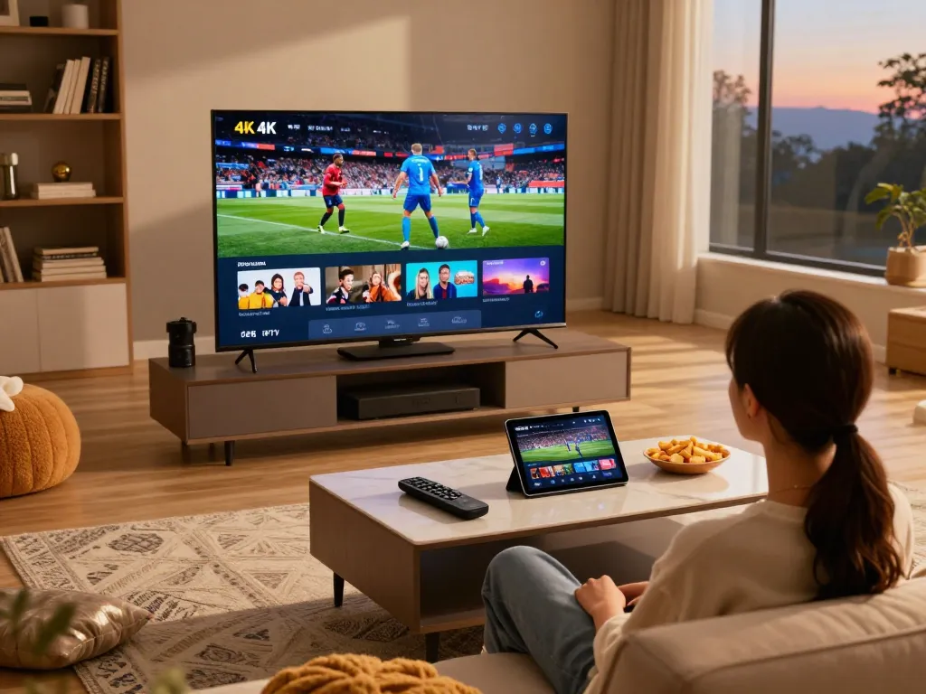 Enjoying IPTV player on Windows with vibrant 4K content in a cozy home setup.