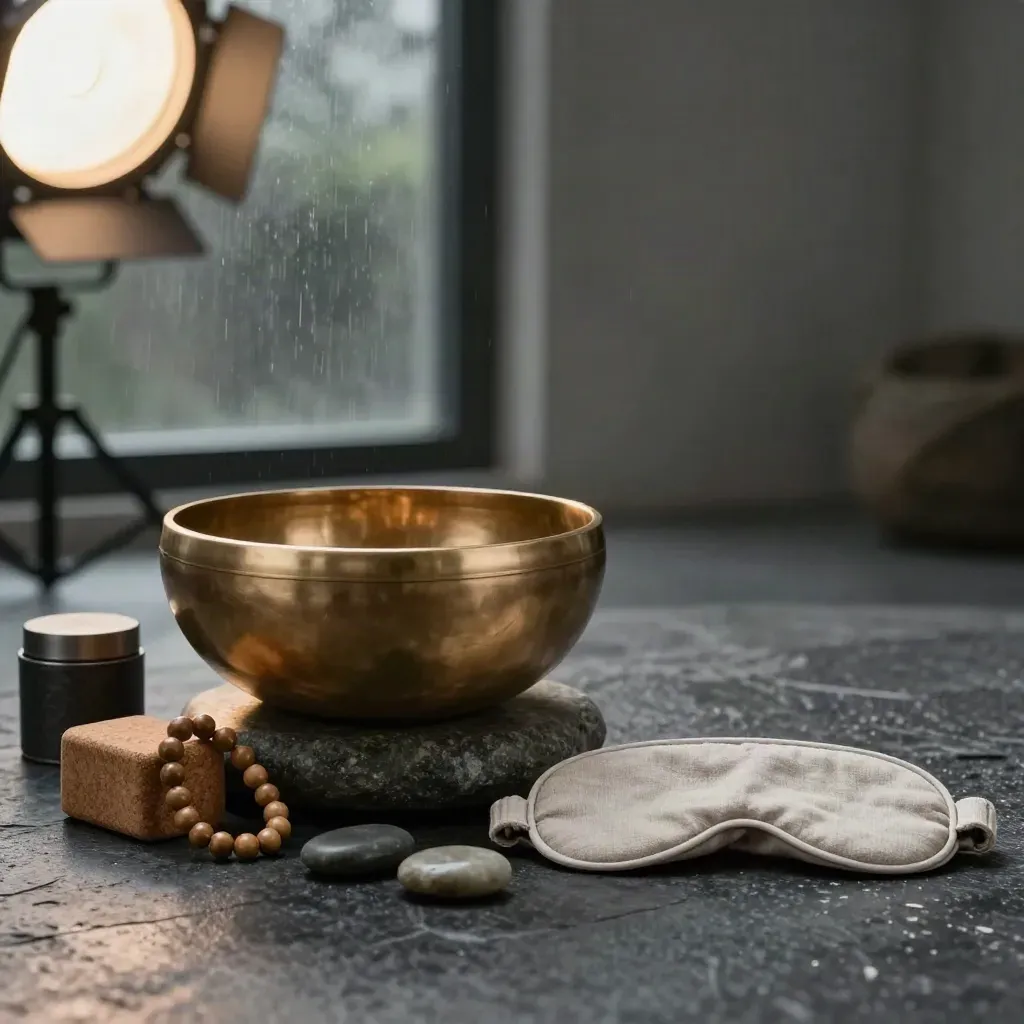 Brushed-brass singing bowl with meditation props on stone, softly lit in a rain-muted studio.