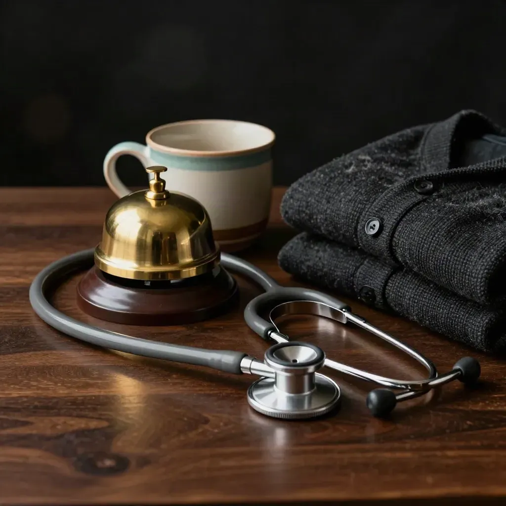 Brass desk bell, stethoscope, mug, and folded cardigan on walnut in dramatic light.