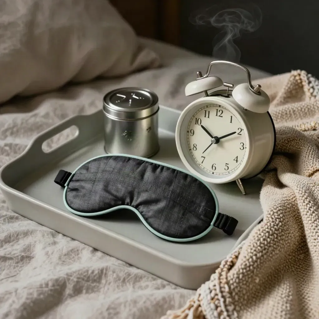 Bedside tray with sleep mask, alarm clock, chamomile tin and folded linen in soft light