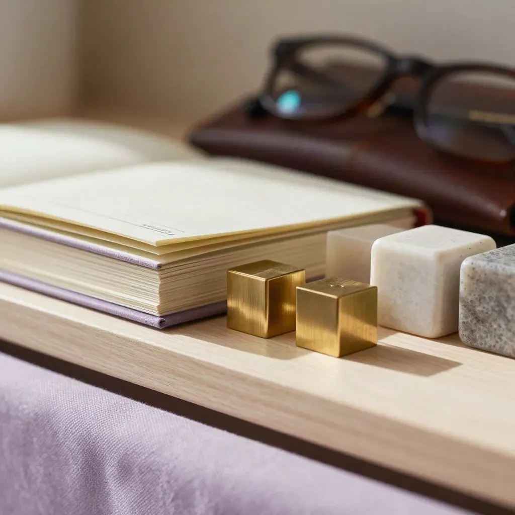 Macro still life of planner stack, brass paperweights, eyeglasses case and stone calendar blocks on pale wood.