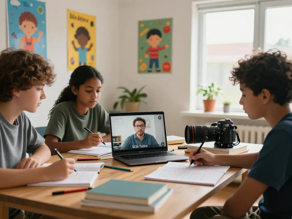 GCSE Tuition online session with students engaged in interactive learning with expert tutor at home.