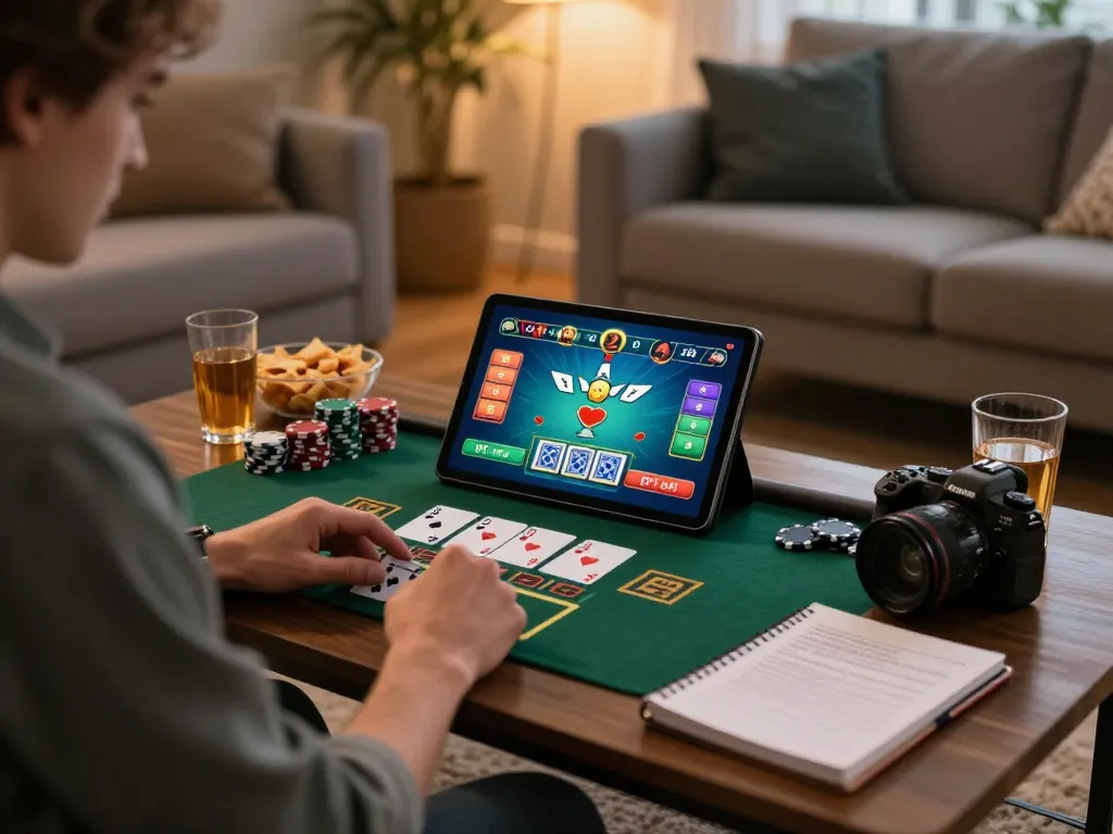 Engaged player using tablet for online blackjack, showcasing nhà cái F168's interactive gaming experience.