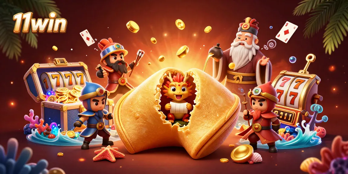 Win big with 11win as a tiny wise dragon discovers fortune in a golden cookie amidst vibrant gaming elements.