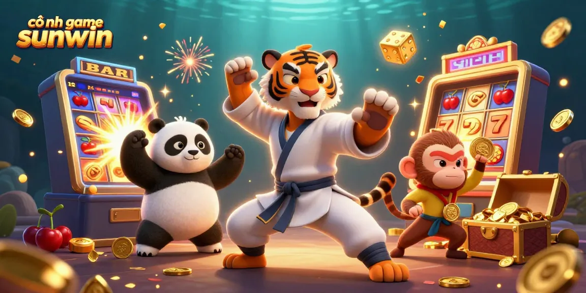 Experience the thrill of cổng game sunwin with a vibrant 3D casino illustration featuring a kung fu tiger and colorful game elements.