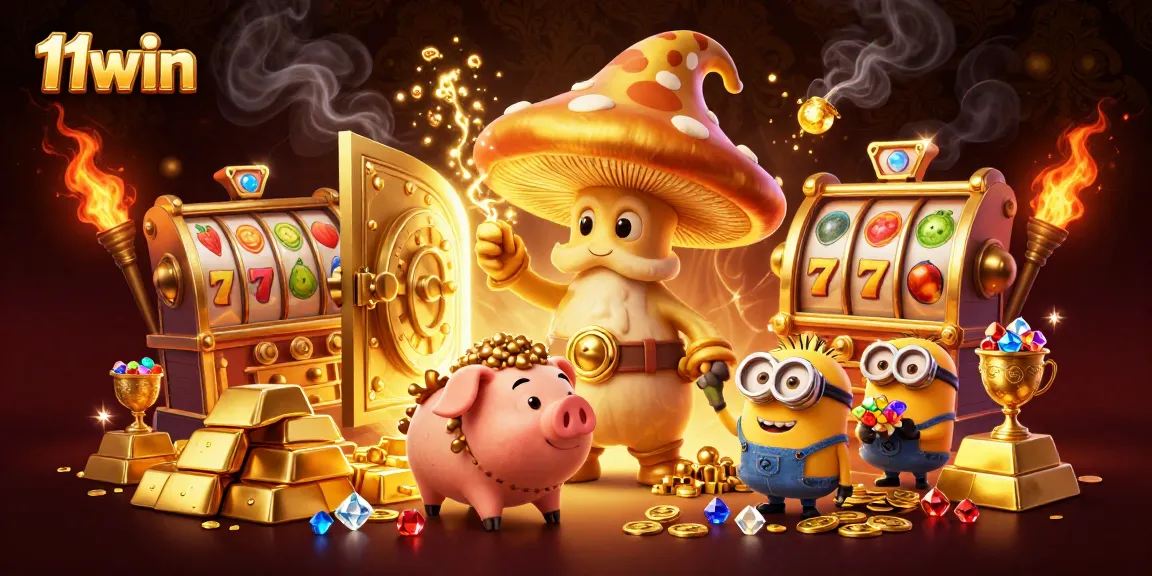 Experience big wins at 11win with a magical golden scene of wizards and treasures spinning slot reels.