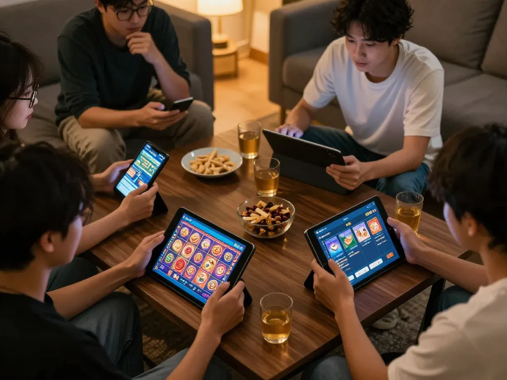 Engaging players enjoying uu88 com mobile casino gaming in a cozy setting with friends and snacks
