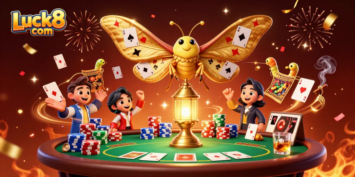 Engage with Luck8 com through vibrant casino scenes, featuring a dynamic 3D illustration of a moth and poker elements.