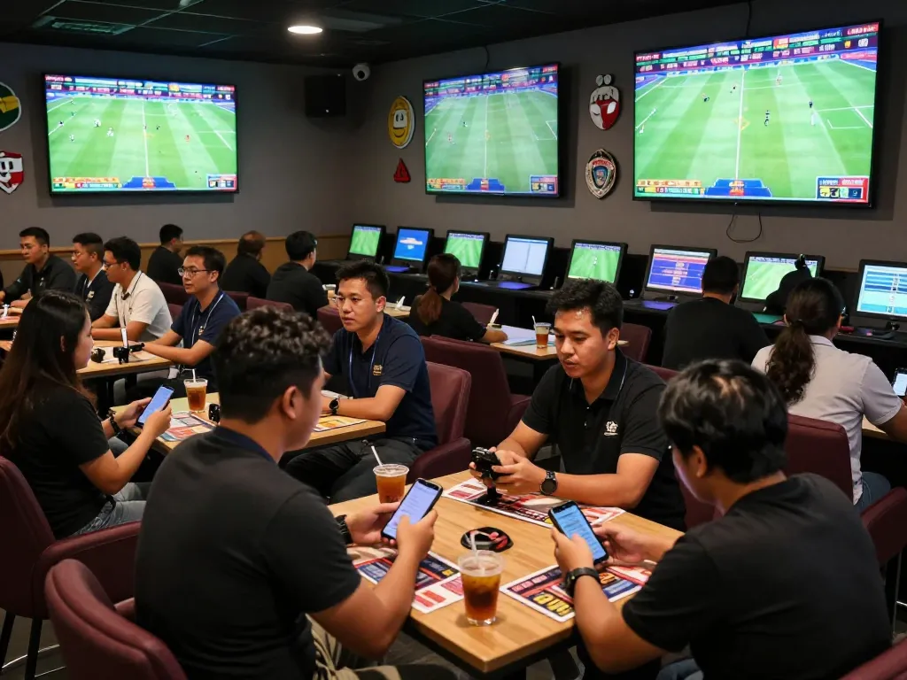 Suasana taruhan olahraga yang mendebarkan dengan orang-orang yang terlibat dalam Judi Bola di sportsbook modern