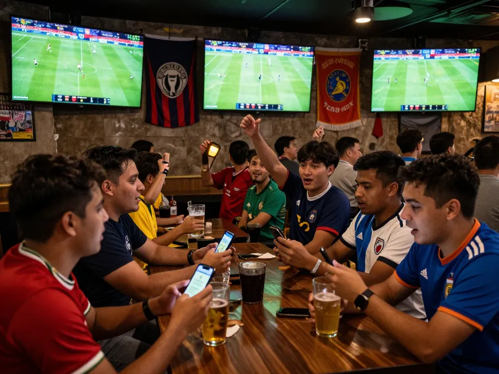 Fans engaged in betting with live kèo nhà cái updates, celebrating in a sports bar atmosphere