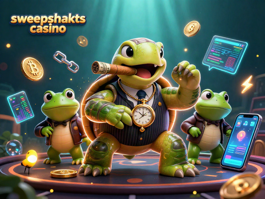 Engage with the exciting sweepstakes casino scene featuring a turtle mobster and bullfrog enforcers.